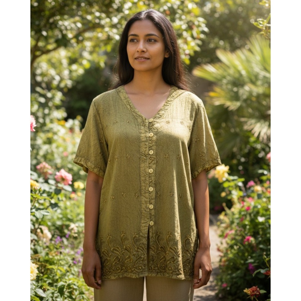 VTG 90s MPH‎ Top L Tunic Green SS Ethnic Cottage Earthy Gorpcore Fairy Grunge